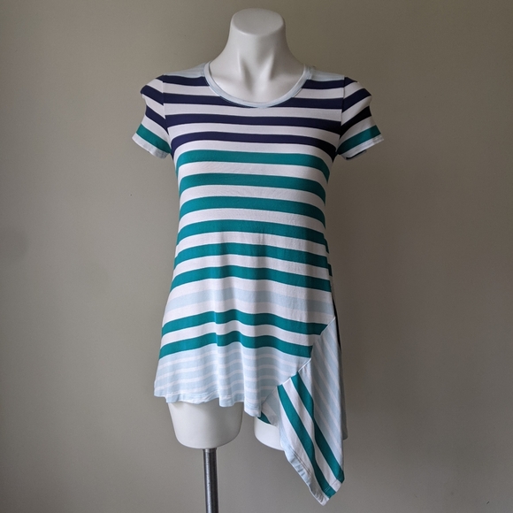 🌼 Anthro's Little Yellow Button Striped Asymmetric Long Knit Tee XXS - Picture 2 of 5